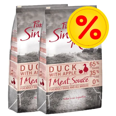 To sække Simpsons Premium Duck with Apple hundefoder, 12 kg. Tekst: 65 % premium animal ingredients, 35 % fruit vegetables & herbs, 0 % added grain. Stor gul procenttegn for tilbud.