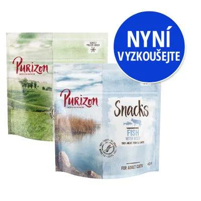 Purizon Snacks Fish with Beef, 100% meat fish & liver, for adult cats, balení 40 g. Modrý kruh s textem: Nyní vyzkoušejte.