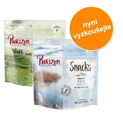 Purizon Snacks Fish with Beef for Adult Cats 40 g, nápis nyní vyzkoušejte na oranžovém kruhu. Viditelné balení s přírodními motivy.