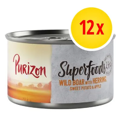 Purizon Superfoods 12 x, cinghiale con aringa, patata dolce e mela. Testo visibile sulla confezione della lattina.