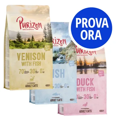 Purizon Venison with Fish, Fish, Duck with Fish per gatti adulti, 400 g. Testo visibile: 70% ingredienti animali, 30% frutta e verdura, 0% cereali. Bollino blu: PROVA ORA.