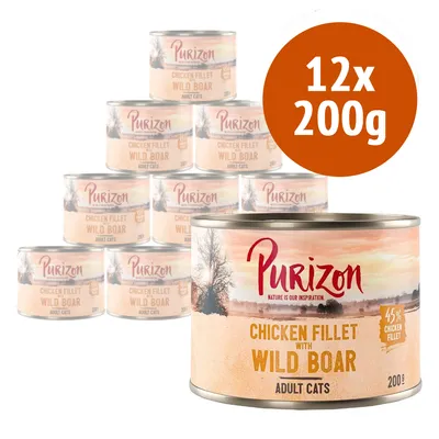 Purizon Chicken Fillet with Wild Boar per gatti adulti, confezione da 12 lattine da 200 g ciascuna, 45% chicken fillet visibile sull'etichetta.