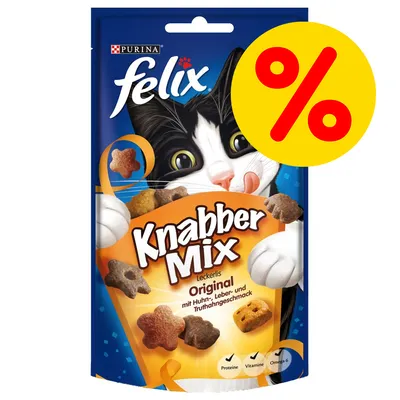 Purina felix Knabber Mix Original, snack per gatti con pollo, fegato e tacchino. Simbolo percentuale rosso su sfondo giallo in alto a destra. Testo in tedesco sulla confezione.
