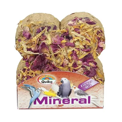 Quiko Mineral Flower Mix, mineraalsteen met bloemenmix voor vogels. Verpakking toont afbeeldingen van parkiet, kanarie, papegaai en valkparkiet. Zichtbare tekst: 'Mineral', 'Flower Mix'.