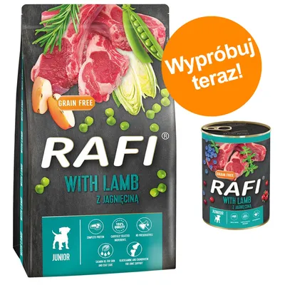 RAFI WITH LAMB z jagnięciną JUNIOR, grain free. Opakowanie suchej i mokrej karmy dla psa. Pomarańczowe koło z napisem: Wypróbuj teraz!