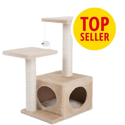Rascador beige para gatos con dos plataformas, postes de cuerda y cueva cuadrada. Juguete colgante en forma de ratón visible. Texto: TOP SELLER en círculo amarillo.
