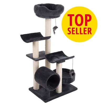 Rascador para gatos de varios niveles con plataformas, cueva, túnel y juguetes colgantes. Texto visible: TOP SELLER en círculo amarillo.