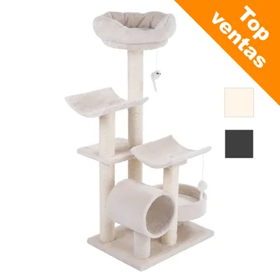 Rascador para gatos de varios niveles en color beige, con cama superior, túnel, plataformas y juguetes colgantes. Etiqueta naranja con texto: Top ventas. Opciones de color beige y negro visibles.