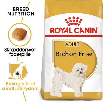 ROYAL CANIN ADULT Bichon Frise tørfoder, billede af foderpille, tekst: Skræddersyet foderpille, Bidrager til et sundt urinssystem, BREED NUTRITION