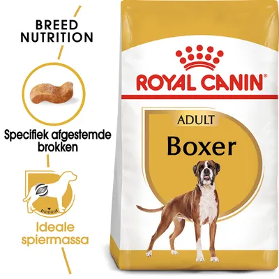 Royal Canin Adult Boxer hondenvoer, afbeelding van een boxerhond, tekst: Specifiek afgestemde brokken, Ideale spiermassa, Breed Nutrition.