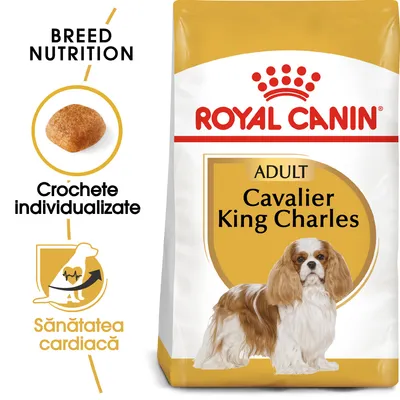 Pachet hrană uscată ROYAL CANIN ADULT Cavalier King Charles, text vizibil: Crochete individualizate, Sănătatea cardiacă, imagine croșetă și siluetă câine.