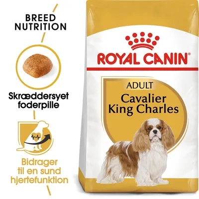 ROYAL CANIN ADULT Cavalier King Charles, skræddersyet foderpille, Bidrager til en sund hjertefunktion. Billede af hund og foderpille på emballagen.