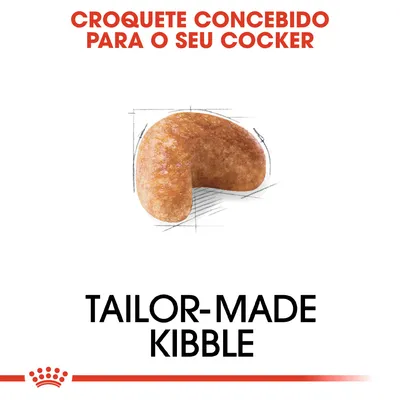 Texto: 'Croquete concebido para o seu Cocker'. Imagem de um croquete. Texto em inglês: 'Tailor-made kibble'.