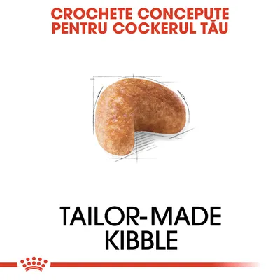 Crochete concepute pentru cockerul tău. Tailor-made kibble. Imagine cu o croșetă de hrană uscată pentru câini.