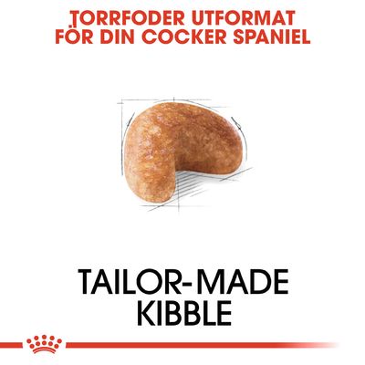 Torrfoder utformat för din Cocker Spaniel. Bild på ett foderkorn. Text: TAILOR-MADE KIBBLE.