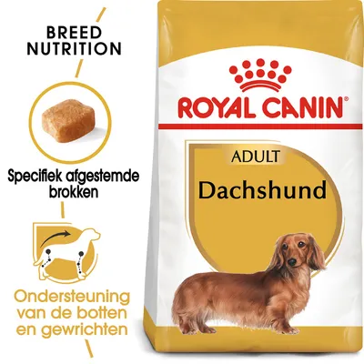 Royal Canin Adult Dachshund hondenvoer, specifiek afgestemde brokken, ondersteuning van de botten en gewrichten. Afbeelding van een teckel op de verpakking.