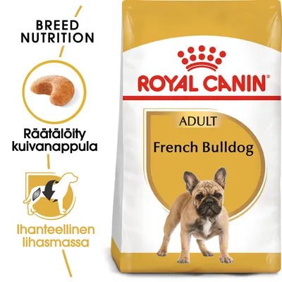 Royal Canin Adult French Bulldog -kuivaruokapakkaus, tekstit: Räätälöity kuivanappula, Ihanteellinen lihasmassa, BREED NUTRITION. Kuvassa nappula ja koira.