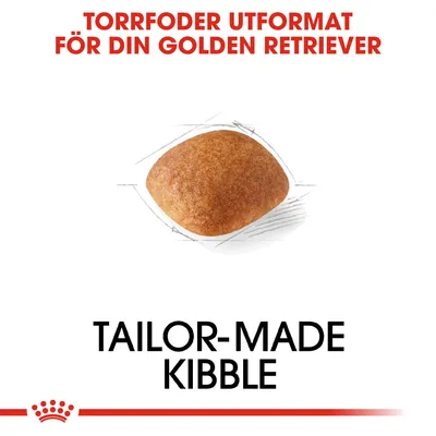 Torrfoder utformat för din Golden Retriever. Bild på ett foderkorn. Text: Tailor-made kibble.