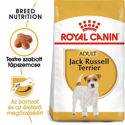 ROYAL CANIN ADULT Jack Russell Terrier kutyatáp csomag, testre szabott tápszemcse, az izomzat és az életerő megőrzéséért feliratokkal, kutya képe a csomagon