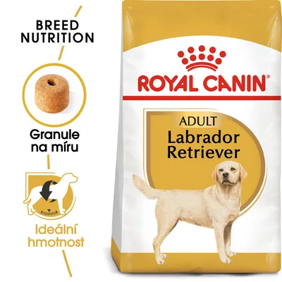 Balení Royal Canin ADULT Labrador Retriever, obrázek granule s textem Granule na míru, silueta psa s textem Ideální hmotnost, nápis BREED NUTRITION. Balení Royal Canin ADULT Labrador Retriever, obrázek granule s textem Granule na míru, silueta psa s textem Ideální hmotnost, nápis BREED NUTRITION.
