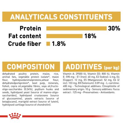 Ravintoarvot: proteiini 30 %, rasva 18 %, kuitu 1,8 %. Koostumus ja lisäaineet englanniksi, mm. kuivattu siipikarjan proteiini, maissi, riisi, vitamiinit ja kivennäisaineet.