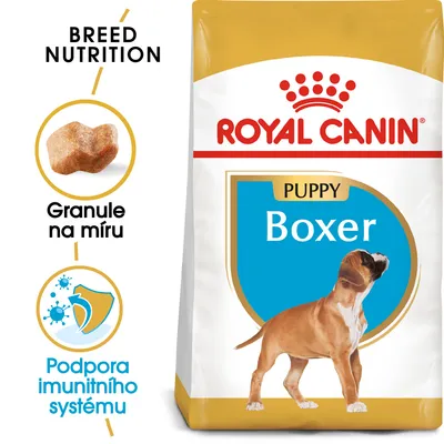 Balení Royal Canin Puppy Boxer, nápisy: BREED NUTRITION, Granule na míru, Podpora imunitního systému. Obrázek granule a štěněte boxera.