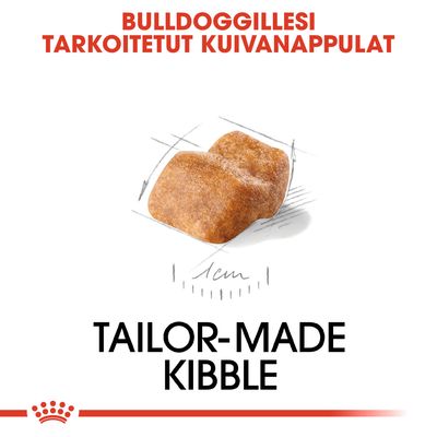 Bulldoggillesi tarkoitetut kuivanappulat. Tailor-made kibble. Kuvassa yksittäinen nappula ja mitta 1 cm.