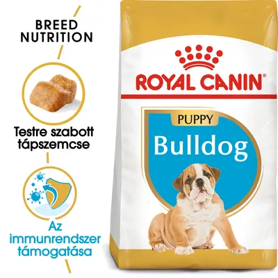 Royal Canin Puppy Bulldog kutyatáp csomagolás, látható: testre szabott tápszemcse, az immunrendszer támogatása, bulldog kölyökkutya képe, márkanév és terméknév.