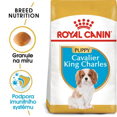 ROYAL CANIN PUPPY Cavalier King Charles, granule na míru, podpora imunitního systému. Balení s obrázkem štěněte a ukázkou tvaru granule.