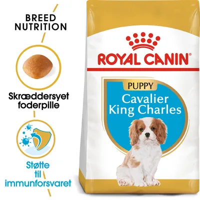 ROYAL CANIN PUPPY Cavalier King Charles, skræddersyet foderpille, støtte til immunforsvaret, billede af hvalp på posen