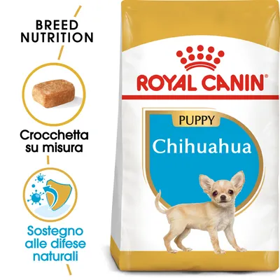 Confezione Royal Canin Puppy Chihuahua, testo visibile: Crocchetta su misura, Sostegno alle difese naturali, immagine di una crocchetta e di un cucciolo di chihuahua.