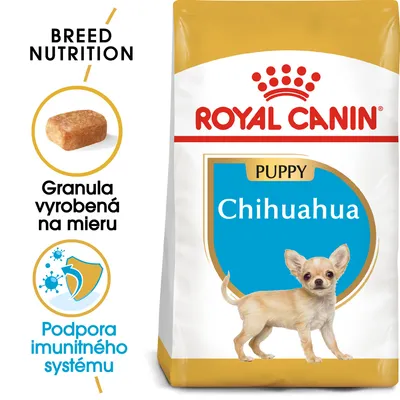 ROYAL CANIN PUPPY Chihuahua, granula vyrobená na mieru, podpora imunitného systému. Balenie s obrázkom šteniatka čivavy a zvýraznenými benefitmi.