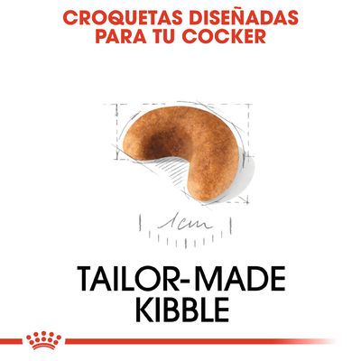 Croquetas diseñadas para tu Cocker. Imagen de una croqueta curva con tamaño aproximado de 1 cm. Texto: Tailor-made kibble.