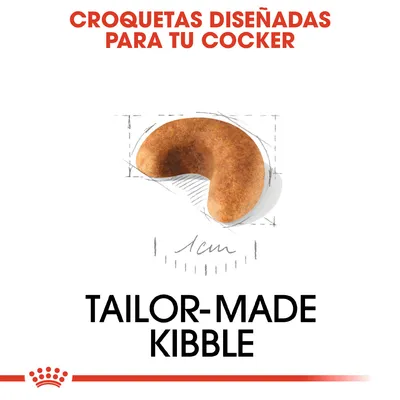 Croquetas diseñadas para tu Cocker. Imagen de una croqueta curva con tamaño aproximado de 1 cm. Texto: Tailor-made kibble.