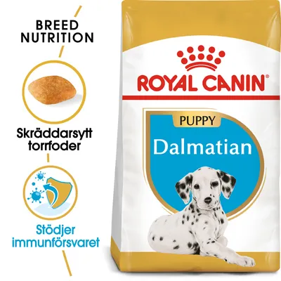 Royal Canin Puppy Dalmatian torrfoder, text: Skräddarsytt torrfoder, Stödjer immunförsvaret. Bild på foderbit och dalmatinervalp på förpackningen.