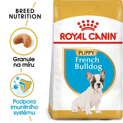 Balení Royal Canin Puppy French Bulldog, obrázek štěněte, text: Granule na míru, Podpora imunitního systému, Breed Nutrition. Balení Royal Canin Puppy French Bulldog, obrázek štěněte, text: Granule na míru, Podpora imunitního systému, Breed Nutrition.