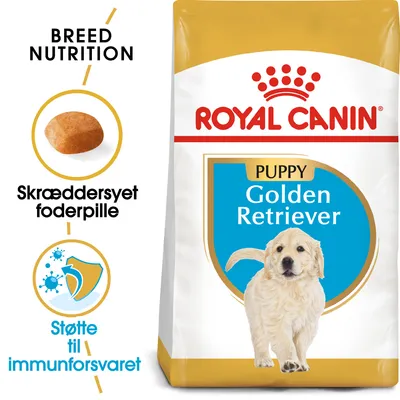 ROYAL CANIN Puppy Golden Retriever, tekst: Breed Nutrition, Skræddersyet foderpille, Støtte til immunforsvaret. Billede af foderpille og hund på emballagen.