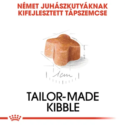 Német juhászkutyáknak kifejlesztett tápszemcse, 1 cm-es méretjelzéssel. Tailor-made kibble felirat látható.