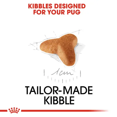 KIBBLES DESIGNED FOR YOUR PUG, TAILOR-MADE KIBBLE. Εικόνα κροκέτας με μέγεθος 1 cm. Το κείμενο είναι στα αγγλικά.