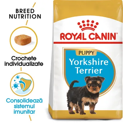 ROYAL CANIN Puppy Yorkshire Terrier, croșete individualizate, consolidează sistemul imunitar. Ambalaj cu imagine cățel Yorkshire Terrier și text explicativ.