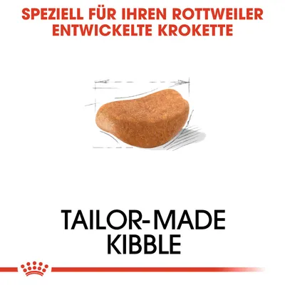 Speziell für Rottweiler entwickelte Krokettenform mit massgeschneiderter Grösse. Text: Tailor-Made Kibble.