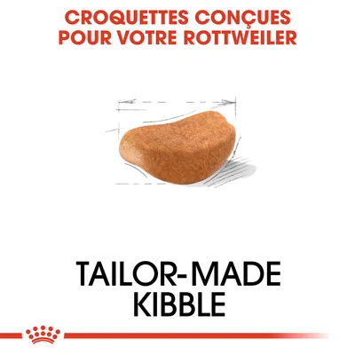 Texte : Croquettes conçues pour votre Rottweiler. Image d'une croquette. Texte en anglais : Tailor-made kibble.