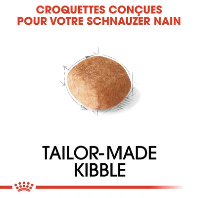 Texte : Croquettes conçues pour votre Schnauzer nain. TAILOR-MADE KIBBLE. Image d'une croquette individuelle au centre.
