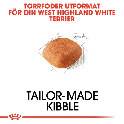 Torrfoder utformat för din West Highland White Terrier. Bild på ett foderkorn. Text: Tailor-made kibble.