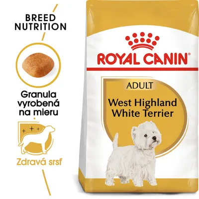 Royal Canin Adult West Highland White Terrier, granula vyrobená na mieru, zdravá srsť. Balenie s obrázkom psa a detailom granuly.