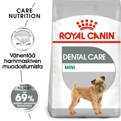 Royal Canin Dental Care Mini -koiranruokapakkaus, teksti: Vähentää hammaskiven muodostumista, tutkitut tulokset jopa 69 % vähemmän hammaskiven muodostumista.