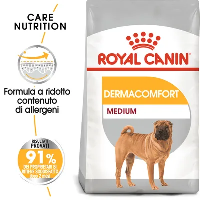 Royal Canin Dermacomfort Medium, formula a ridotto contenuto di allergeni. 91% dei proprietari si ritiene soddisfatto dopo 2 mesi. Immagine di un cane sulla confezione.
