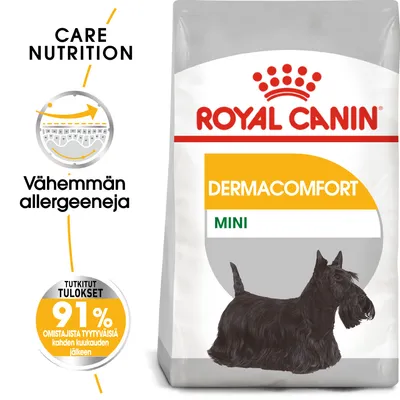 Royal Canin Dermacomfort Mini -koiranruokapakkaus, tekstit: Vähemmän allergeeneja, Tutkitut tulokset 91 % omistajista tyytyväisiä kahden kuukauden jälkeen
