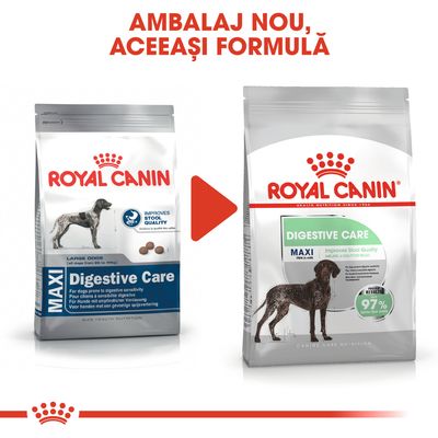 Imagine comparativă cu vechiul și noul ambalaj Royal Canin Digestive Care Maxi pentru câini, text vizibil: „AMBALAJ NOU, ACEEAȘI FORMULĂ”, 97% optimal stool quality.