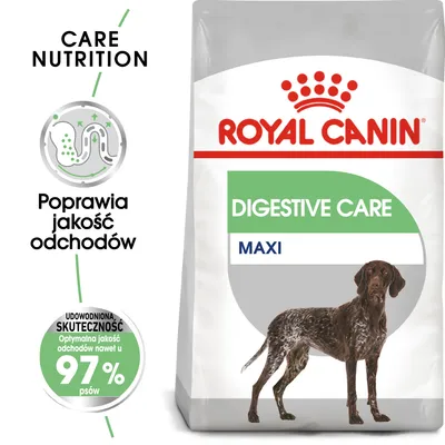 ROYAL CANIN DIGESTIVE CARE MAXI, Poprawia jakość odchodów, Udowodniona skuteczność: optymalna jakość odchodów nawet u 97% psów. Opakowanie z wizerunkiem psa.